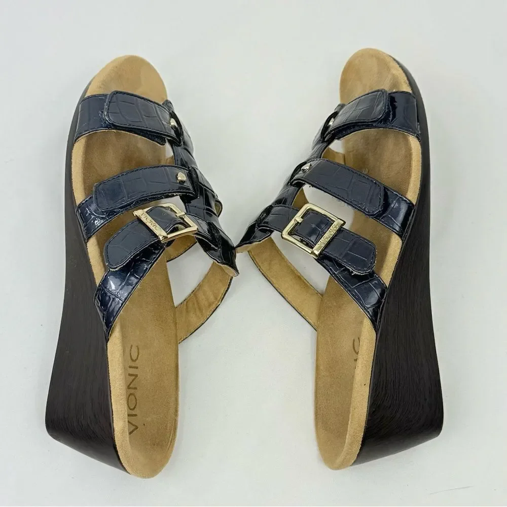 Vionic RADIA Blue Patent Reptile Embossed Triple T Strap Slide Wedge Sandals